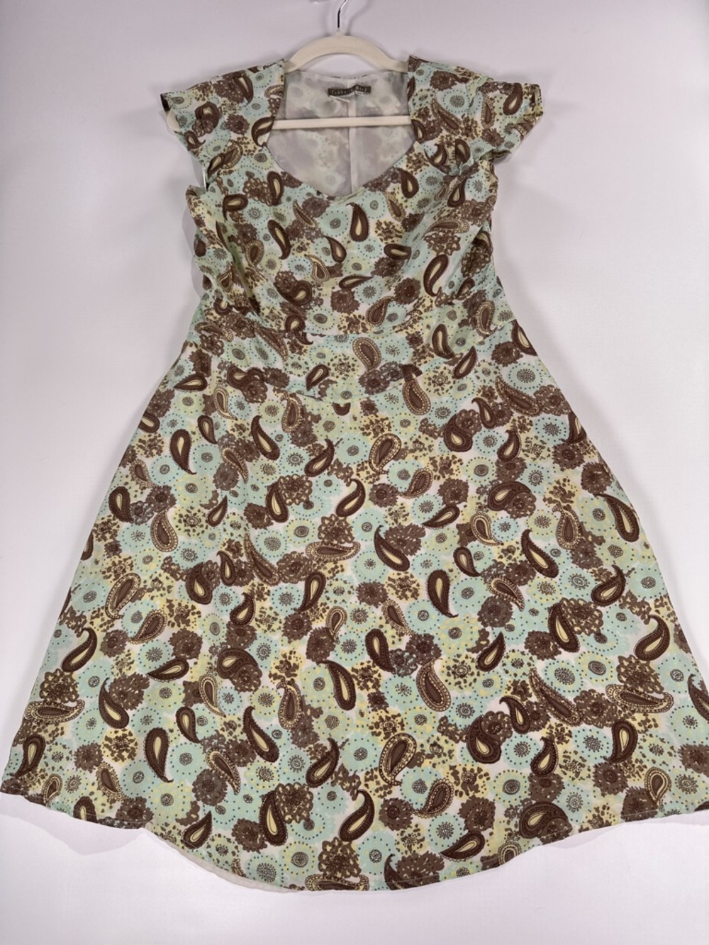 Isabella Bird Fit And Flare Dress Cap Sleeve Silk Paisley Mint Brown 8P - Picture 11 of 12